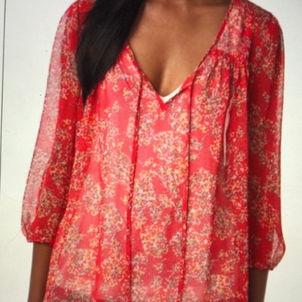Anthro Pins & Needles Red Floral Sheer Peasant Top